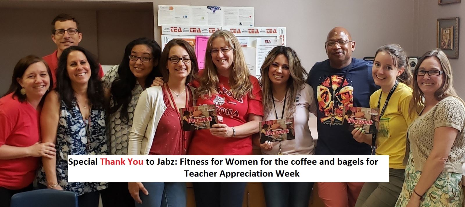 Photo of Teachers With Text Special Thank You To Jabz Fittness For Women for the coffee and bagels for Teacher Appreciation Week